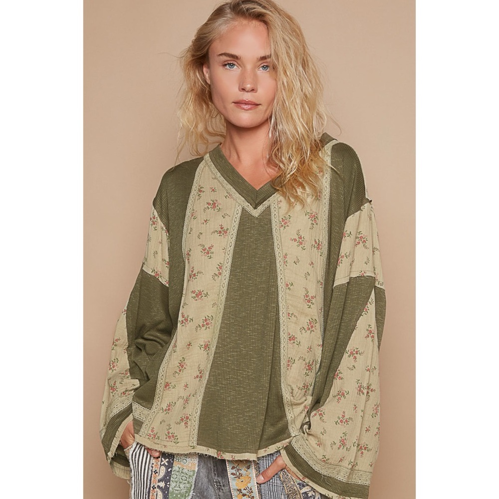 POL Olive Floral Patchwork V Neck Top | Lace Trim Detail